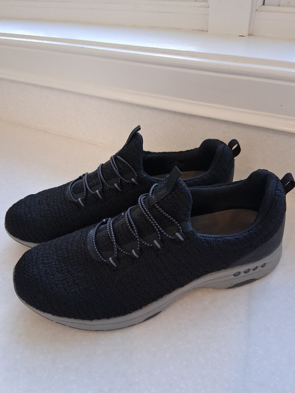 Easy Spirit Women's Black Knit Slip-On Athletic Sneakers with Gray Sole